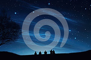 Night sky with stars and silhouettes of a family on the hill, Silhouettes of people observing stars in night sky. Astronomy