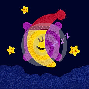 Night sky with stars. Sleeping month on a pillow. Children`s card in flat design