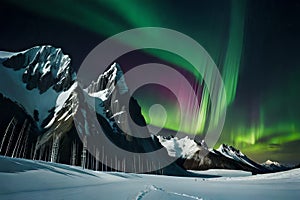 Night Sky Symphony: Northern Lights Dancing over Dark Mountain in Panoramic View
