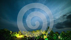 Night sky time-lapse of with stars over the rainforest, palms and bungalows on Bali island in Indonesia.