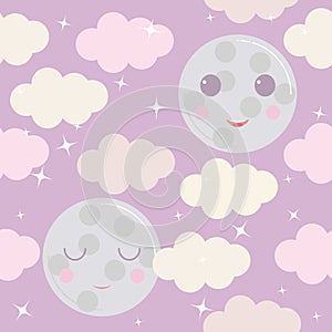 Night sky vector pattern. Cute smiling moon, stars, clouds background