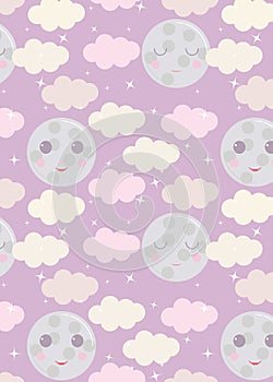 Night sky vector pattern. Cute smiling moon, stars, clouds background