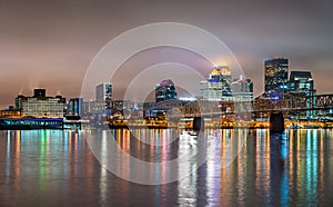 Night skyline of Louisville, Kentucky over the Ohio river