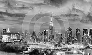 Night skyline of New York City in black and white, USA