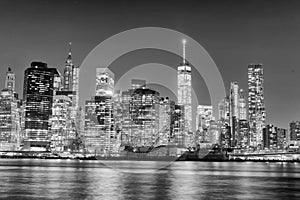 Night skyline of New York City in black and white, USA