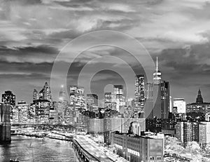 Night skyline of New York City in black and white, USA