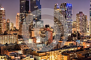 Night skyscrapers buildings in New York City Midtown at night time. Beautiful night in New York.