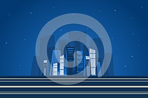Night skyscrapers landscape background in flat style