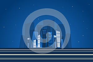 Night skyscrapers landscape background in flat style. Cityscape with high towers, silhouette of houses, business part of city,