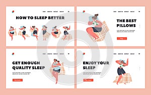 Night Sleep Relax Landing Page Template Set. Female Sleeping Poses, Girl Lying in Bed in Various Comfortable Positions