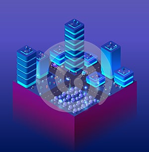 Night smart isometric city 3D illustration for design