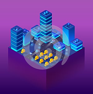 Night smart isometric city 3D illustration for design