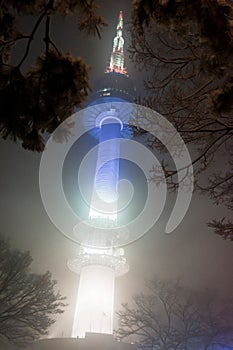 Night snowfall view of Namsan tower of Seoul