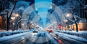 Night snowy Christmas American city New York, Manhattan area, New Year, blurred background - AI generated image