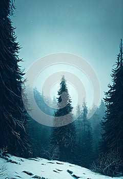 Night snowy forest. Christmas trees covered in snow. AI digital art illustration