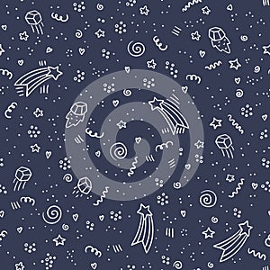 Night space with stars and meteorites. Hand-drawn doodle pattern photo