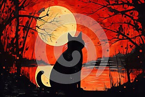 Night spooky background black cat halloween tree illustration evil moon