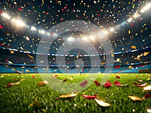 Night stadium arena grass field with confetti and bright lights