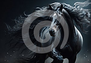 Night Stallion: Beautiful Black Horse with Flowing Mane in Darkness