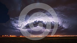 Night Storm Over Flatlands: Dramatic Lightning Illuminates Dark Clouds