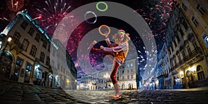 Night street circus performance whit clown, juggler. Festival city background. fireworks and Celebration atmosphere. Wide engle