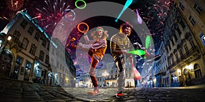 Night street circus performance whit two clowns, jugglerFestival city background. fireworks and Celebration atmosphere.Wide engle