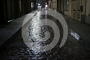 Night street in rainy weather in Ostend, Belgium