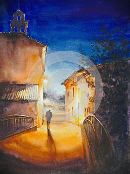 Night street  watercolors painted