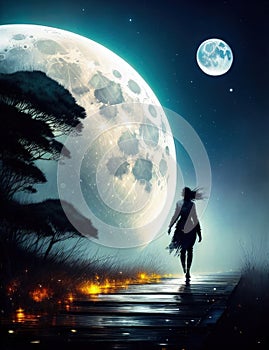 A Night, Strolling Under the Moonlight, artistic painting