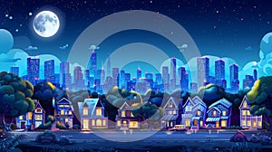 At night, suburban houses and city skyline at night. Modern illustration of summer scene of a suburb, village street