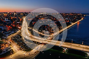 Night summer Voronezh. Massalitinov embankment and Chernavsky bridge, aerial view photo