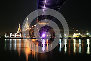 Night suspension bridge across Chao Phraya River