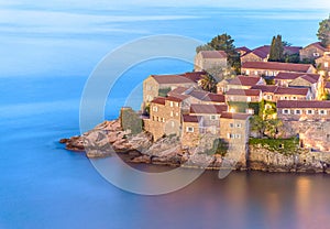 Night Sveti Stefan, small islet and hotel resort in Montenegro,