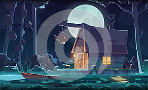 Night swamp fantasy background. Cartoon forest with wooden cabin standing on marsh, mystic swamp landscape with witch