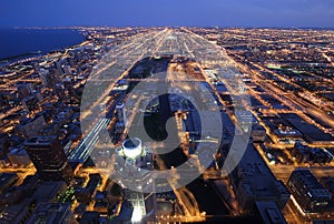 Night time aerial view of Chicago