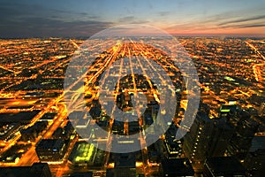 Night time aerial view of Chicago