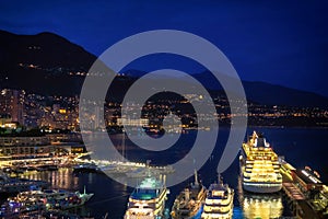 Night time aerial view of the port in Monaco