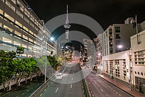 Night time cityscape of Hobson Street, near Viaduct Harbour, Auckland, New Zealand, NZ