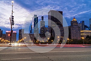 Night time establishing shot of downtown Chicago skyline