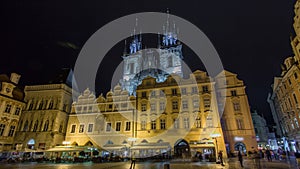 Night time illuminations of the magical Old Town Square timelapse hyperlapse in Prague