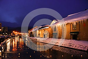 Night time at Otaru with light and snow