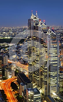 Night-time panoramic view of Park Hyatt Tokyo building from the