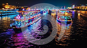 night time river cruise with boats adorned with dazzling lights for New Year