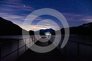 A night time view looking down Aira Force Steamer Pier on Ullswater in the English Lake District