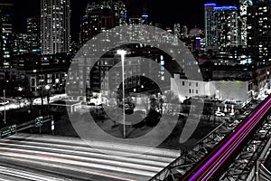 Night time in the West Loop at Interstate 90. Main streets in Chicago. Long exposure photo