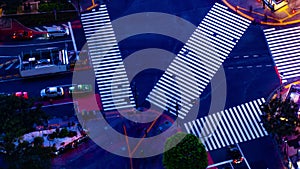 A night timelapse of Shibuya crossing in Tokyo long shot high angle panning