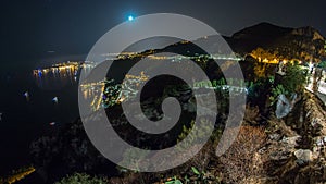 Night timelapse view of the Mediterranean coastline of the town of Eze village on the French Riviera