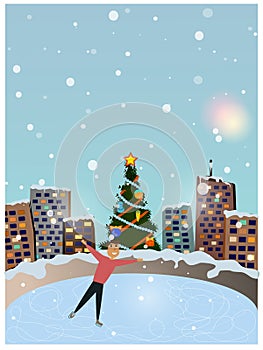 A night town with a Christmas tree, lights and fireworks. The skater rides on the rink. Vector illustration.