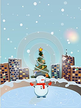 A night town with a Christmas tree, lights and fireworks. The snowman smiles at the Christmas tree. Vector illustration.