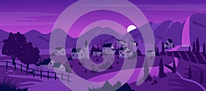 Night town or village in purple mountain summer landscape, farm houses, orchards by river